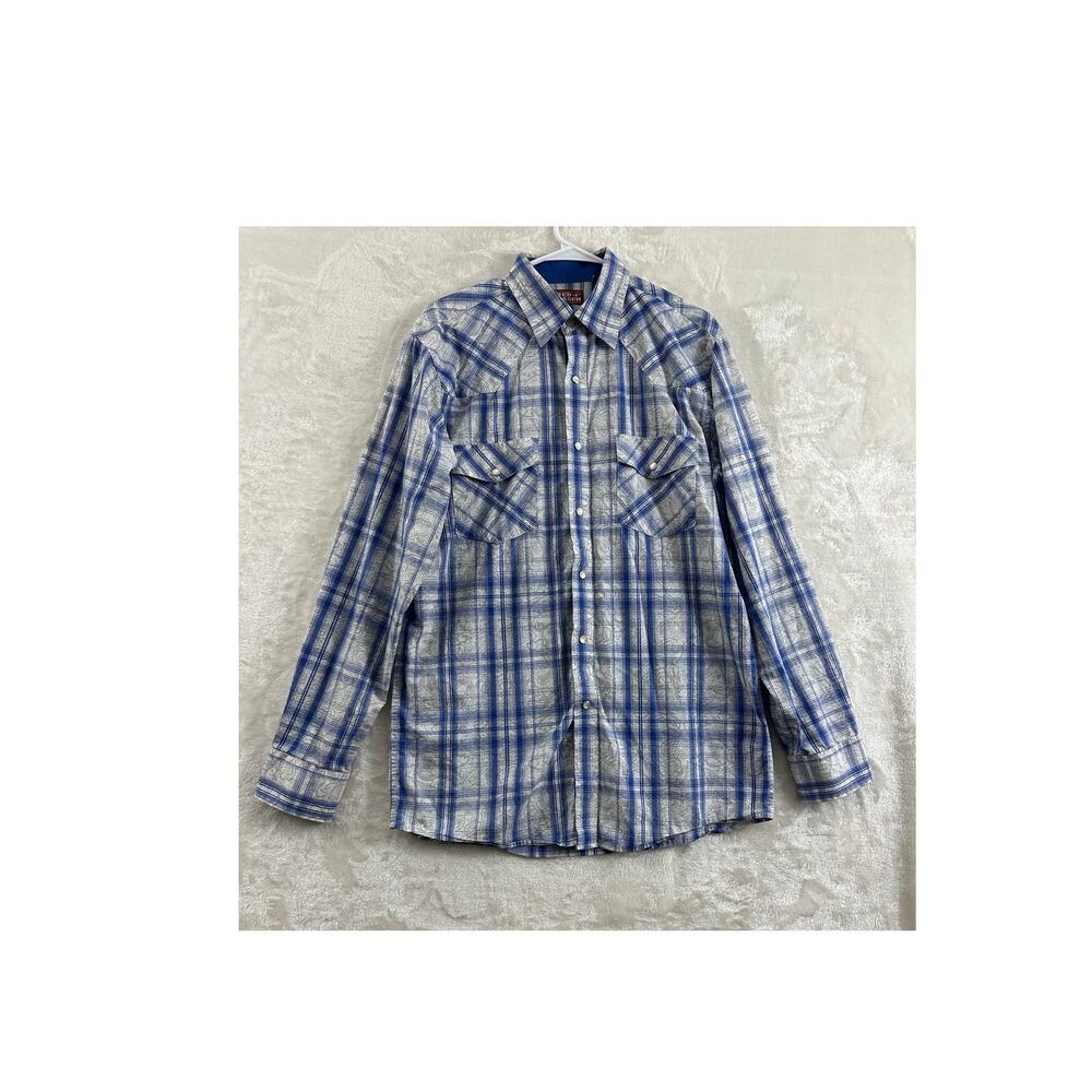 Red Ranch Mens Western Snap Shirt M Blue Plaid Farm Cowboy Rodeo